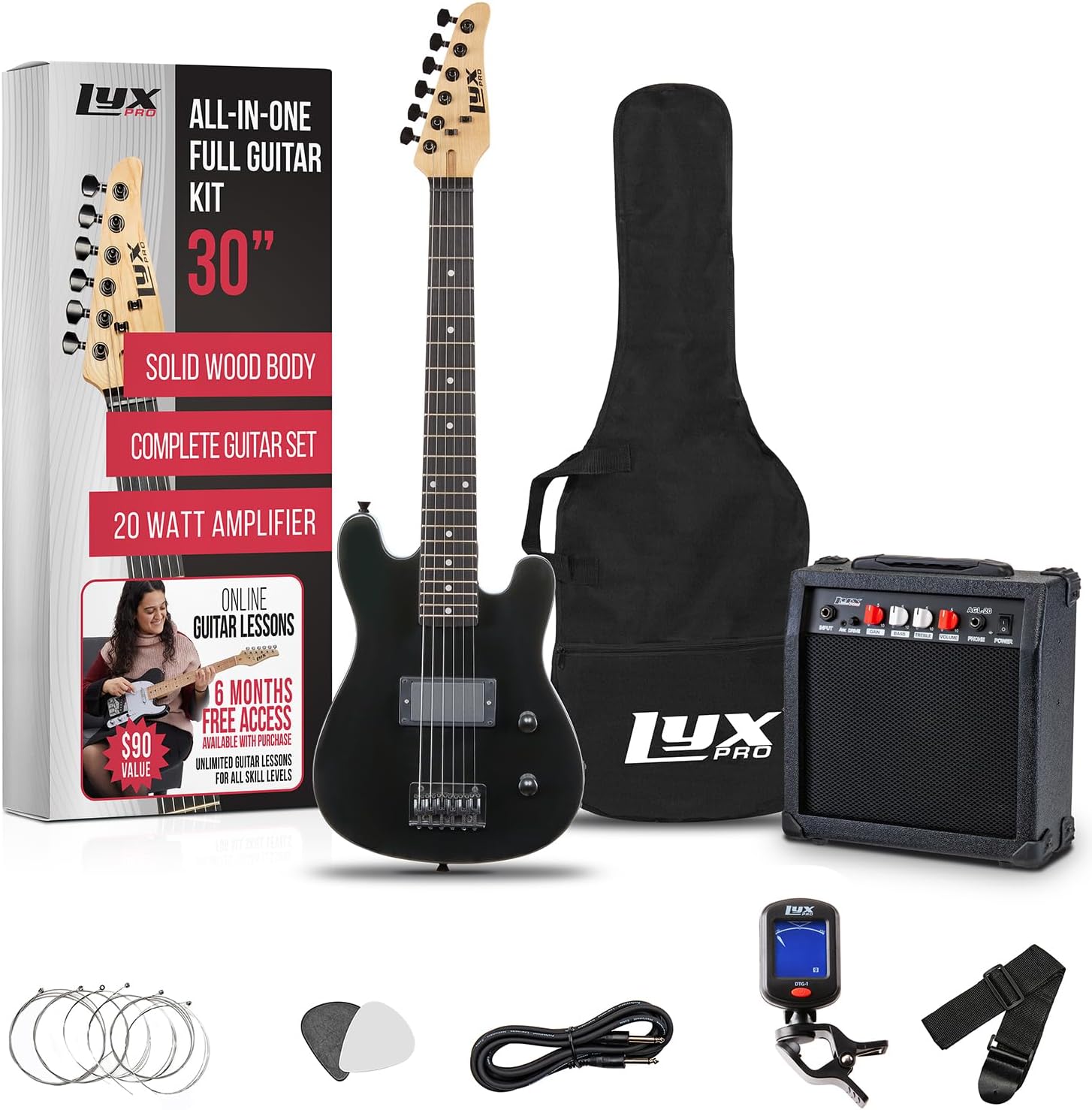 LyxPro 30 Inch Electric Guitar and Starter Kit for Kids with 3/4 Size Beginner's Guitar, Amp, Six Strings, Two Picks, Shoulder Strap, Digital Clip On Tuner, Guitar Cable and Soft Case Gig Bag - Black