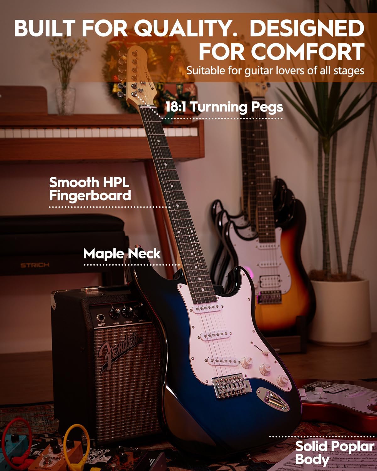 STRICH Electric Guitar Beginner Kit, Solid Body 39' Full Size Electric Guitar SSS Pick Up for Starter,with Bag, Digital Tuner, Capo, Strap, String, Cable, Picks, SST-S10 Midnight Blue Burst