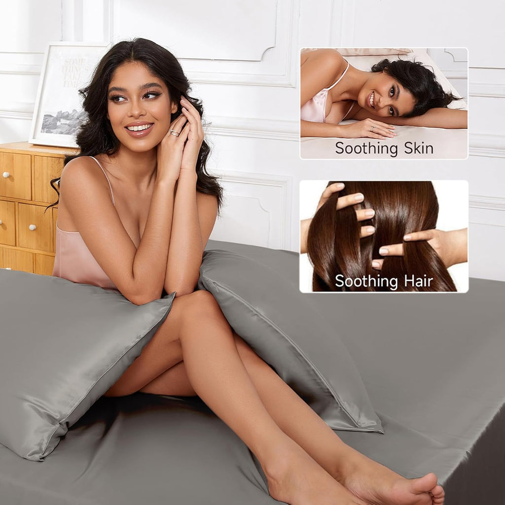 16 Momme 100% Mulberry Silk Bedding Set Full XL Size 4-Piece Luxury (2 Pillowcases, 1 Fitted Sheet, 1 Flat Sheet) - 6A Grade Natural Silk Fits 22-25' Deep Pocket (Solid, Elephant Grey)