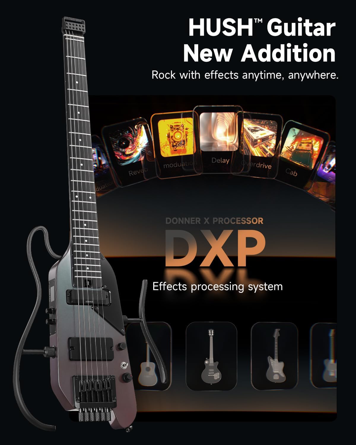 Donner HUSH X PRO Electric Guitar Kit - Smart Travel Guitar with Dozens of Preset Combinations, 7 Tone Sim Options, Midnight Glow