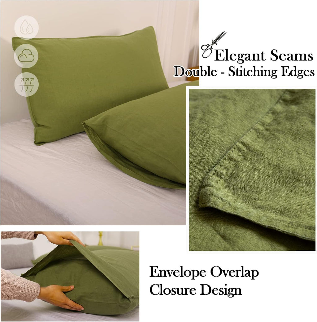 Simple&Opulence 100% Linen Sheet Set 4pcs Basic Style, Deep Pocket, Natural French Washed Flax Solid Color Soft Breathable Bed Sheets - Olive Green, Queen