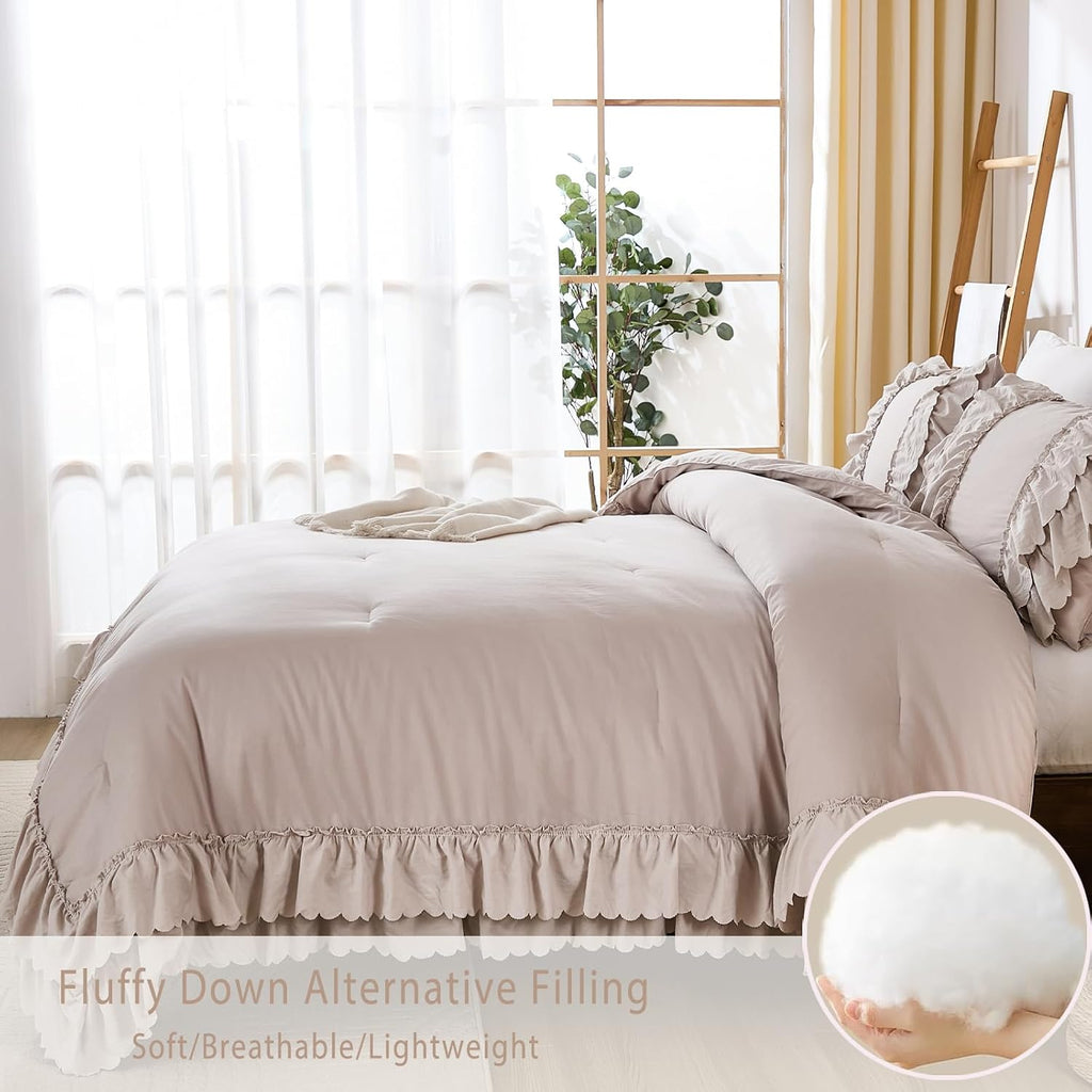 Herside Beige Cotton Ruffle Comforter King Size,2 Layers Ruffles Boho Bedding Set,3 Pcs Fluffy Vintage Comforter Farmhouse Soft and Cozy Lightweight Quilt Set for Women Home Decor