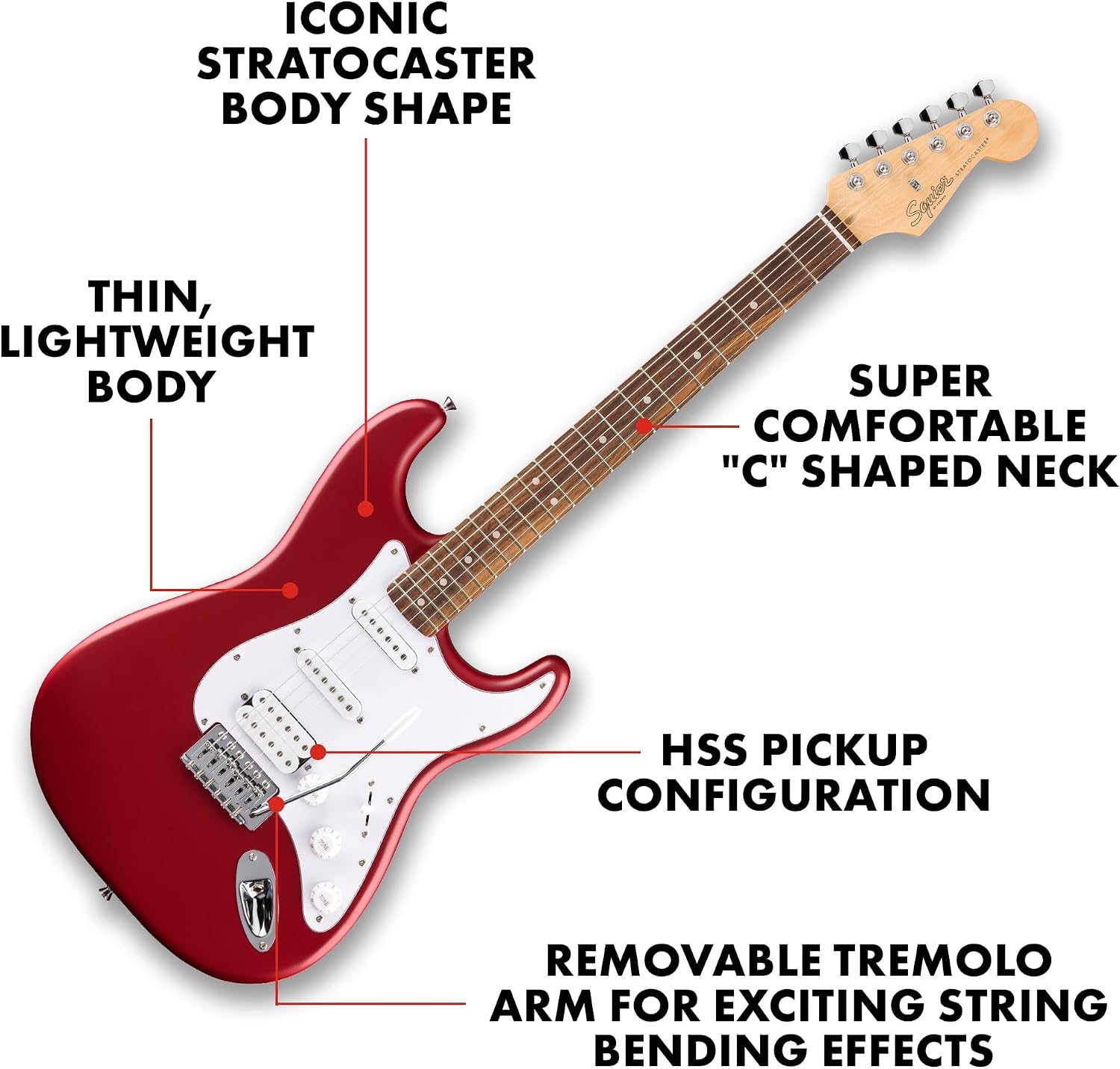 Fender Squier Debut Series Stratocaster HSS Electric Guitar, Beginner Guitar, 2-Year Warranty, Includes Free Lessons, Dakota Red with Satin Urethane Finish