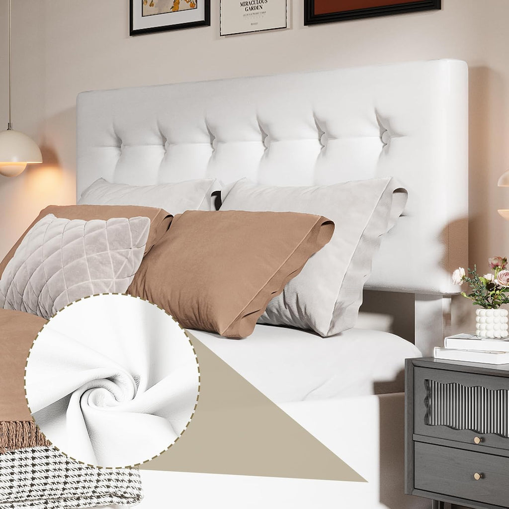 Queen Size Platform Bed Frame with 4 Storage Drawers & Headboard, Faux Leather Upholstered, Button Tufted Design, Wooden Slats Support, Noise-Free Mattress Foundation, No Box Spring Needed, Beige