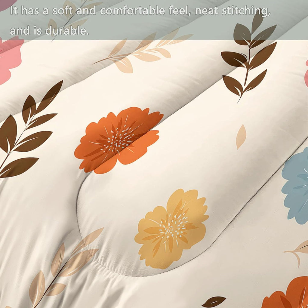 Beige Reversible Comforter Set King, Hand Drawn Plants Flowers Printed Comforter Set 3-Piece with 1 Comforter & 2 Pillowcases, Soft Microfiber Quilted Bedding for All Season