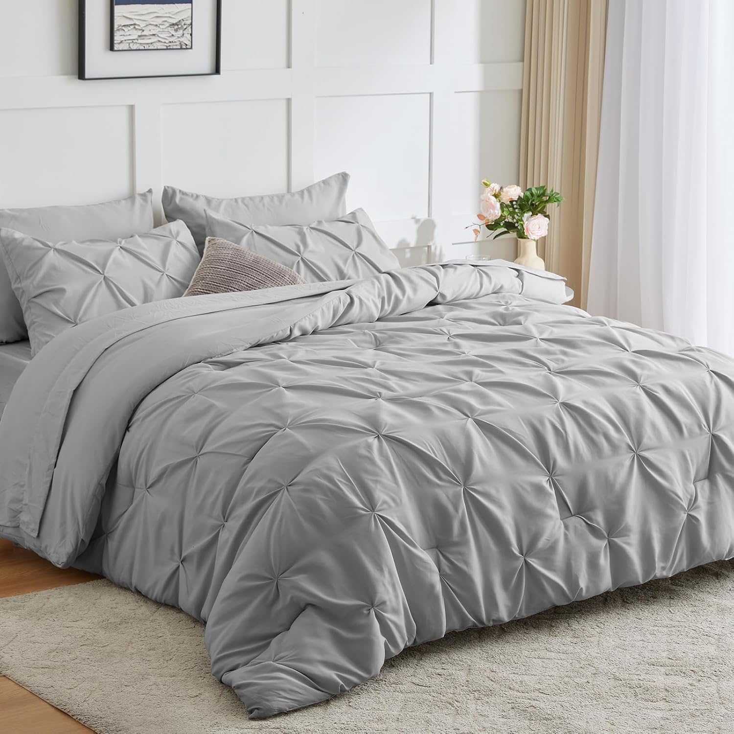 King Size Comforter Set 7 Pieces Bed in a Bag 100% Cotton Light Gray Comforter King Pintuck Bed Sets Pinch Pleat Bedding Sets Comforter, Flat Sheet, Fitted Sheet, Pillowcases & Shams