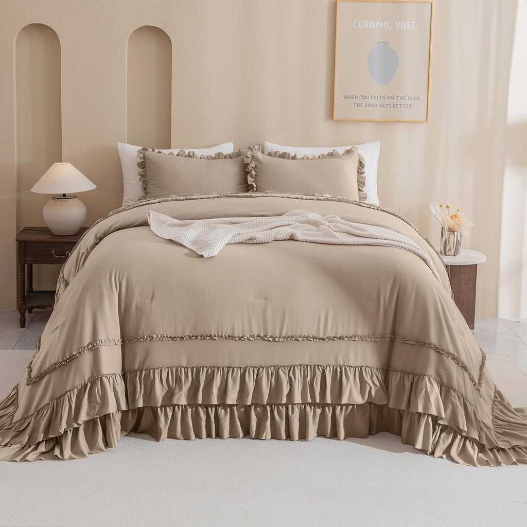 Masaca Oversized King Comforter 120x120,3 Pieces Farmhouse Ruffle Bedding Comforter,Light Taupe Shabby Boho Chic Oversized Comforter King Size,Lightweight Soft Microfiber Cal King Bedding Set