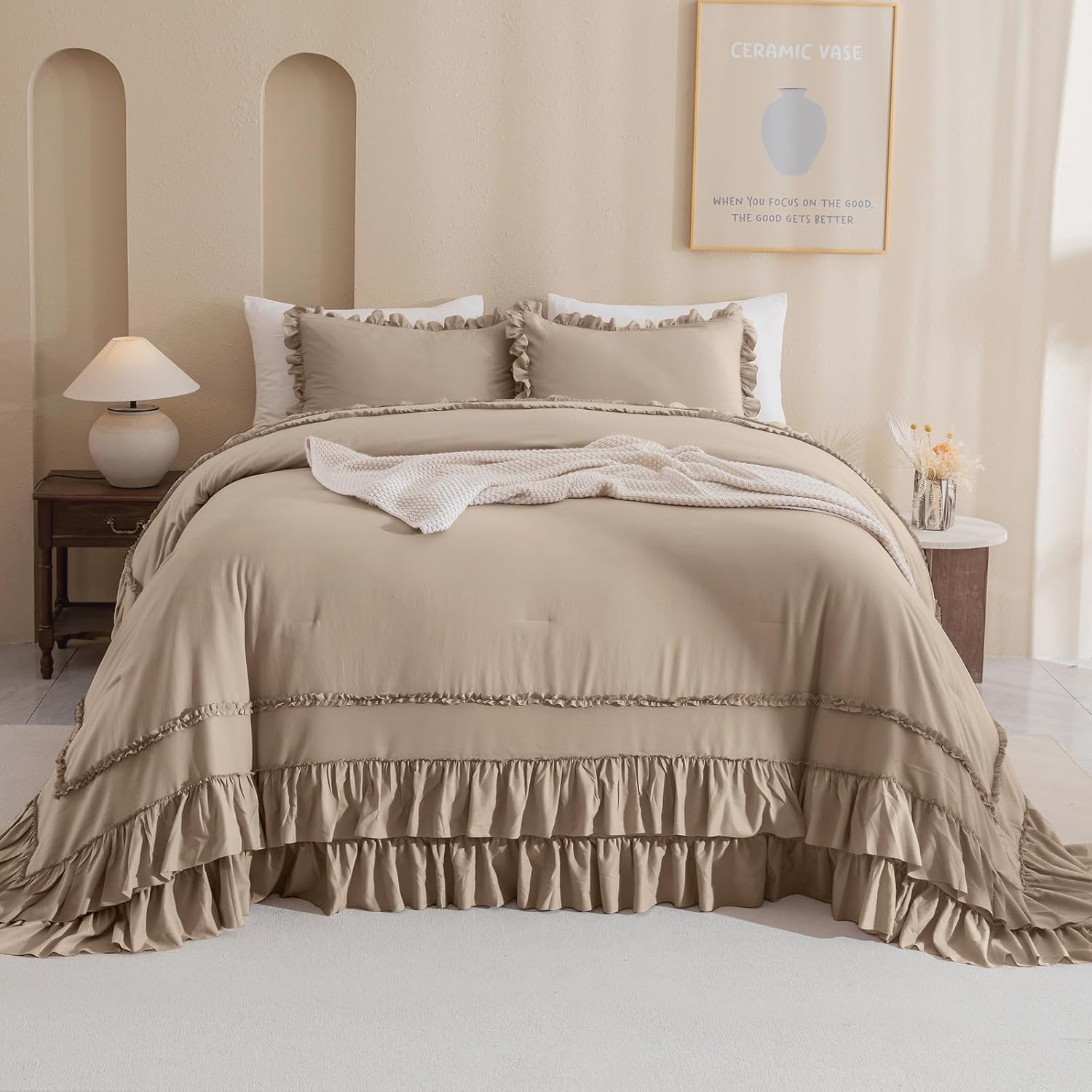 Masaca Oversized King Comforter 120x120,3 Pieces Farmhouse Ruffle Bedding Comforter,Light Taupe Shabby Boho Chic Oversized Comforter King Size,Lightweight Soft Microfiber Cal King Bedding Set