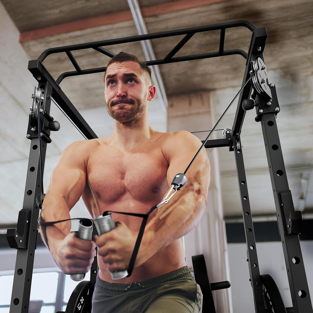 RitFit Multi-Function Garage & Home Gym Package Includes 1200LBS Power Cage PPC03/P3 with Cable Crossover System, Weight Bench, Olympic Barbell Weight Set, Full Body Workout