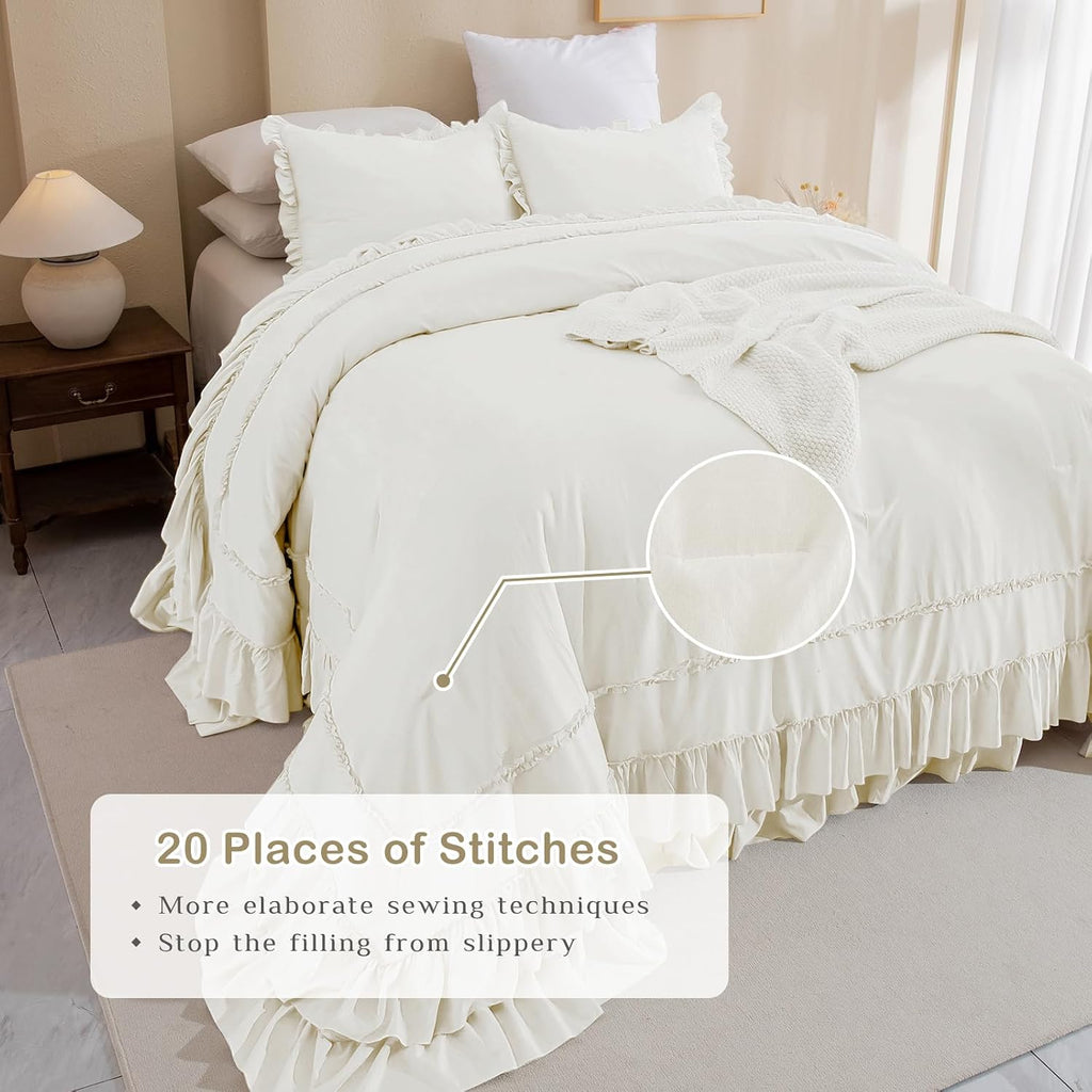Masaca Oversized King Comforter 120x120,Farmhouse Shabby Boho Chic Ruffle California King Comforter Set French Country Rustic Bedding 3PCS (1 Ivory Ruffled Comforter+2 Pillow Shams)