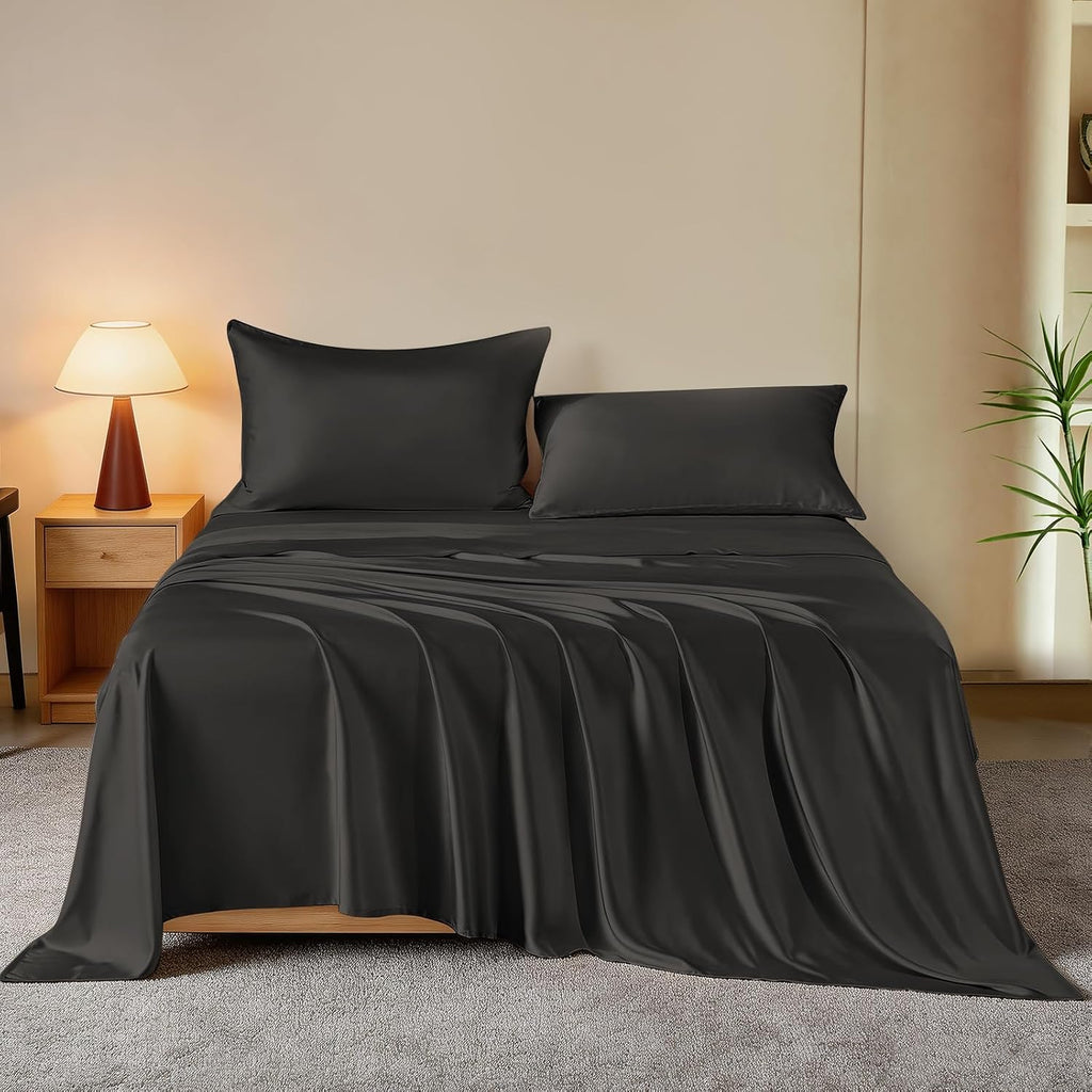 THXSILK Luxury Mulberry Silk Bed Sheets Set - 4pcs Silk Sheets Set 16' Deep Pocket - 1 Fitted Sheet, 1 Flat Sheet, 2 Pillowcases with Zipper Closure - Full, Black