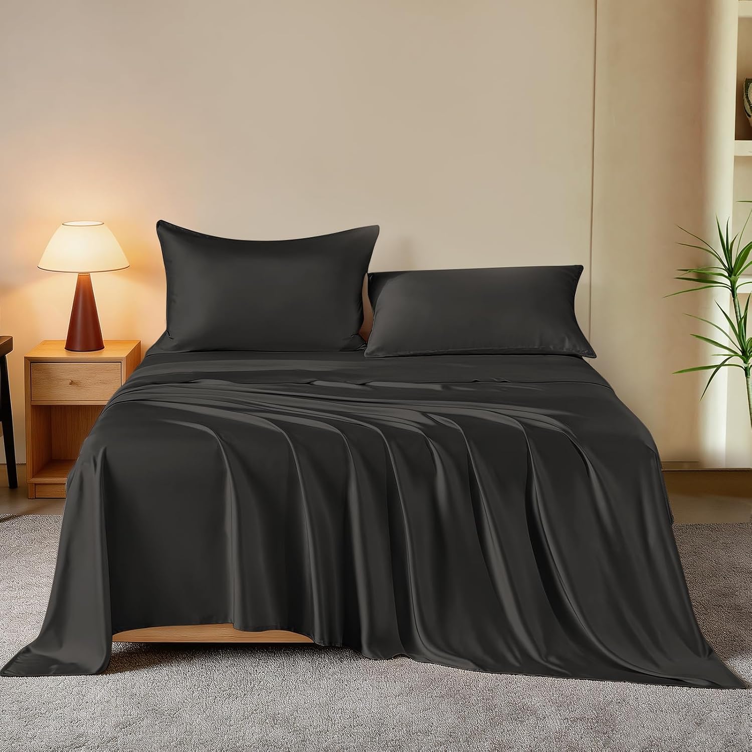 THXSILK Luxury Mulberry Silk Bed Sheets Set - 4pcs Silk Sheets Set 16' Deep Pocket - 1 Fitted Sheet, 1 Flat Sheet, 2 Pillowcases with Zipper Closure - Full, Black