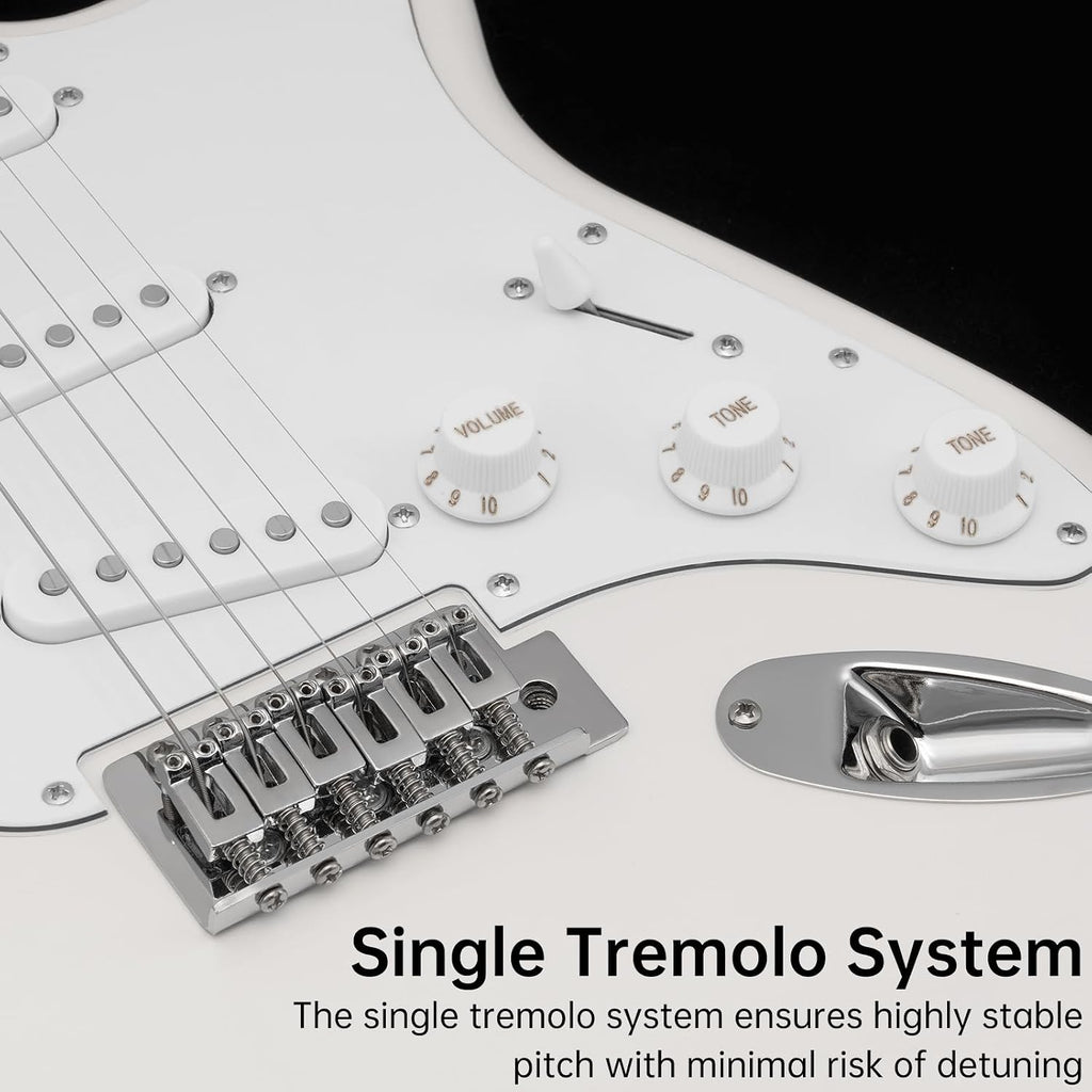 AODSK Electric Guitar with Amp Beginner Kit 39 Inch Solid Body Full Size,All Accessories,Digital Tuner,Six Strings,Four Picks,Tremolo Bar,Strap,Gig Bag,Starter kit (White-SSS)