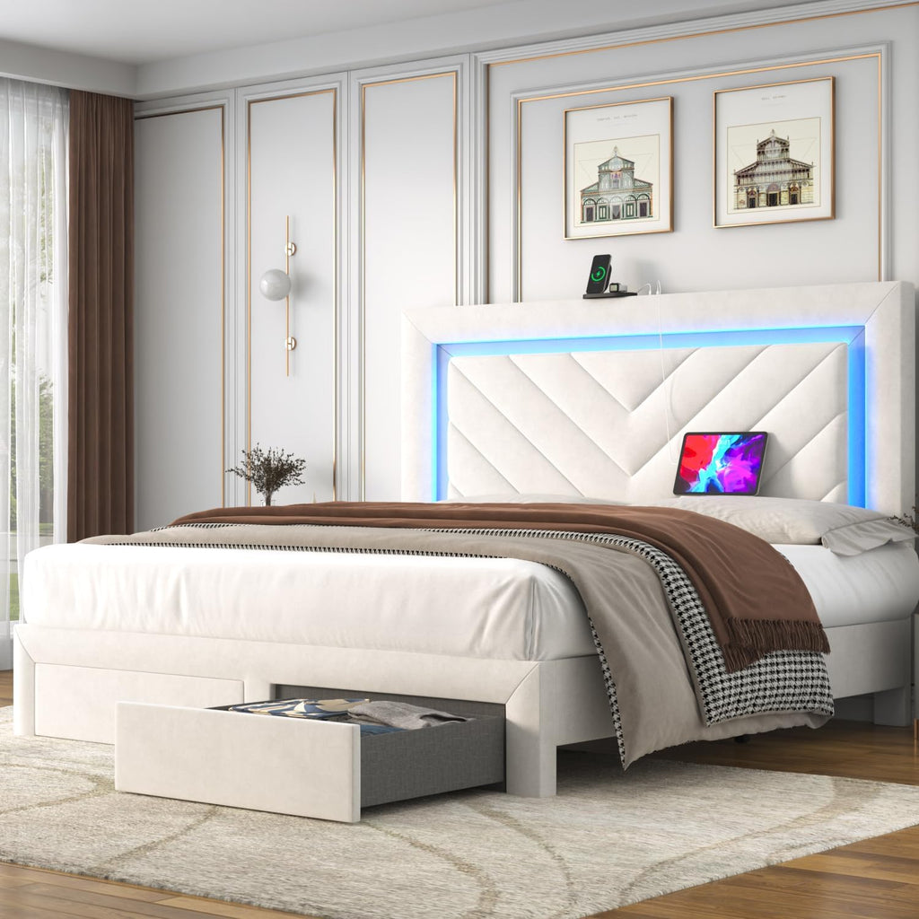 Incyneva Upholstered Full Bed Frame with LED Headboard and Storage Drawer, Velvet Platform Bed Frame Full Size with Charging Station, Adjustable Headboard, No Box Spring Needed, Off White