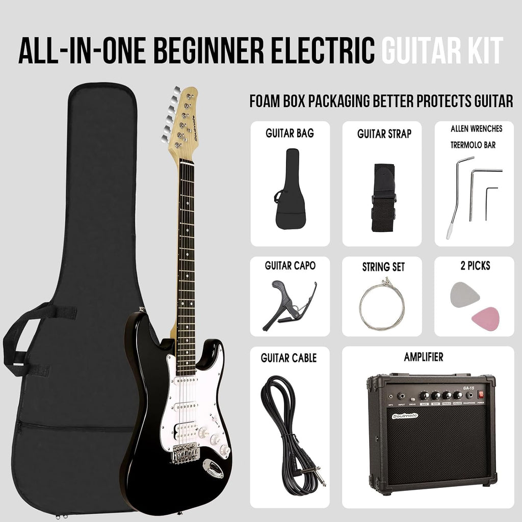 Soulmate Electric Guitar Kit for Beginner 39 Inch Full Size HSS Pick Up Right Handed Starter Solid Body Electric Guitar, with Amplifier, Bag, Capo, Strap, String,Cable, Picks, Black