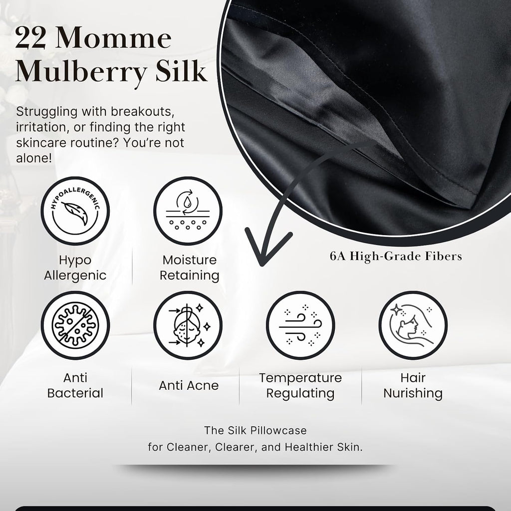 Sillo Silk Pillow Cases 2 Pack - 22 Momme Mulberry Silk Pillowcases for Hair and Skin, Anti Acne Pillow Case, Hypoallergenic Silver-Infused, Envelope Closure, King (Black)