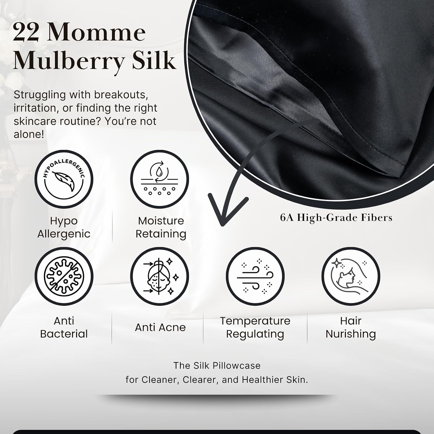 Sillo Silk Pillow Cases 2 Pack - 22 Momme Mulberry Silk Pillowcases for Hair and Skin, Anti Acne Pillow Case, Hypoallergenic Silver-Infused, Envelope Closure, King (Black)