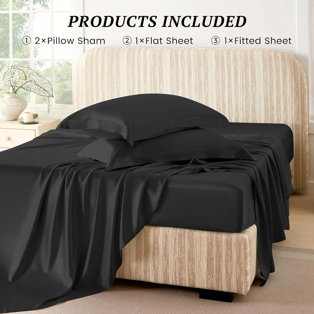 THXSILK Silk Sheet Set 4 Pcs, 25 Momme 100% Top Grade Pure Mulberry Silk Bed Sheets Luxury Bedding Sets Ultra Soft Durable, 1 Fitted Sheet, 1 Flat Sheet and 2 Pillow Shams (Full, Black)