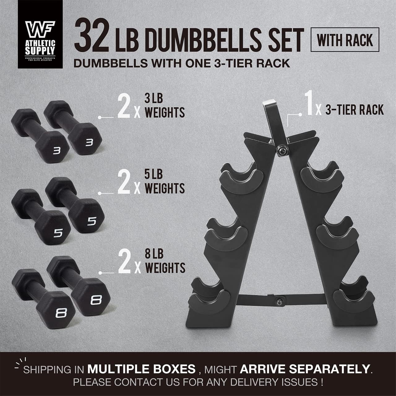 WF Athletic Supply Black Neoprene Dumbbell Set, Non-Slip & Hex Shape, Great for Muscle Toning, Strength Building & Weight Loss; Sizes, Dumbbells Only & w/Rack Options Available