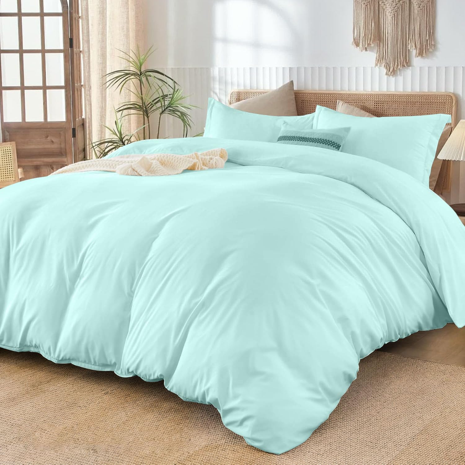 800TC 3 Sided Zipper Duvet Cover Set Soft Egyptian Cotton 3 Sided Zipper Closure, 3 PCS 1-Duvet Cover & 2- Pillow Shams - King-XL Size (98' x 116') Inches, (Solid Aqua Blue)