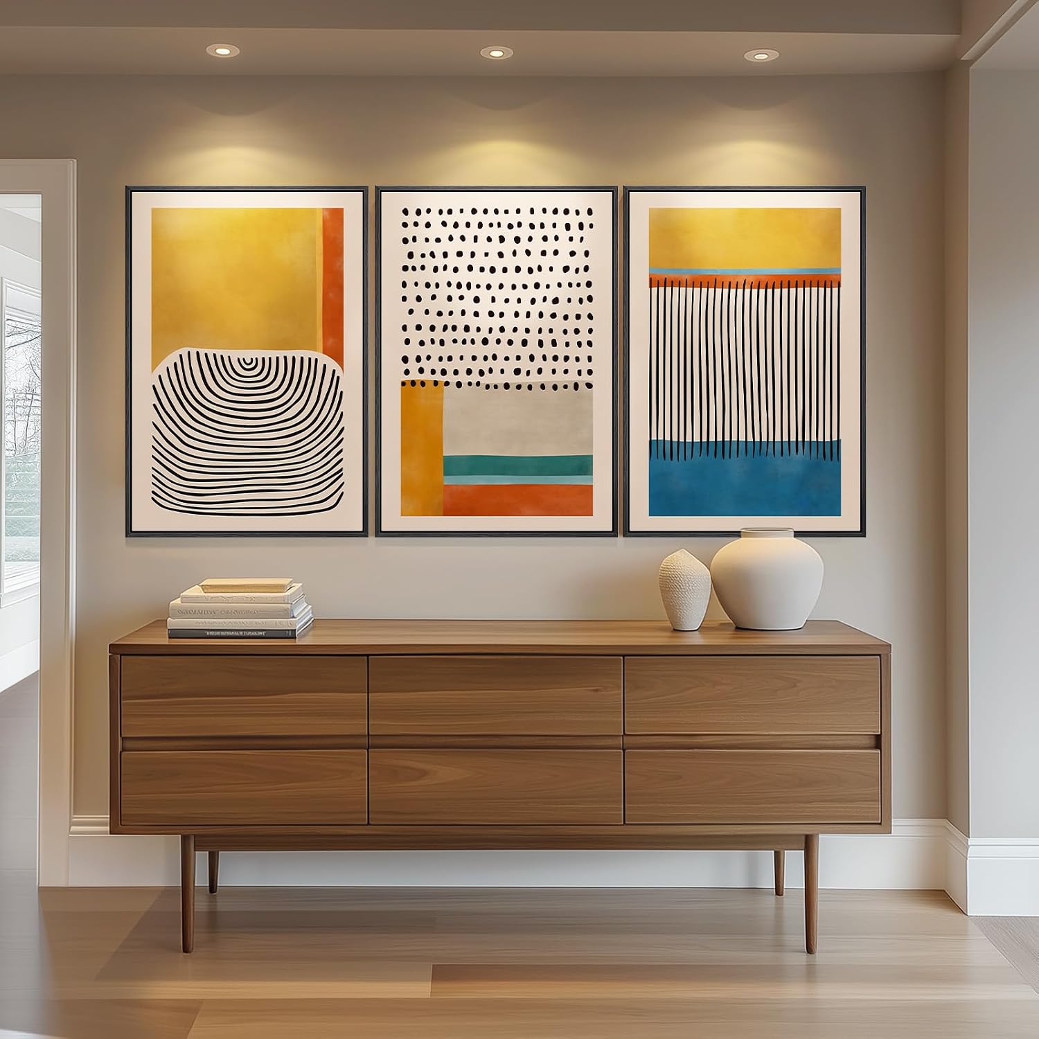 Large Framed Colorful Abstract Wall Art for Living Room, 3 Piece Mid Century Modern Canvas Paintings Prints Artwork for Walls, Yellow Pictures Wall Decor for Bedroom Home Office Hallway, 20x30 Inch