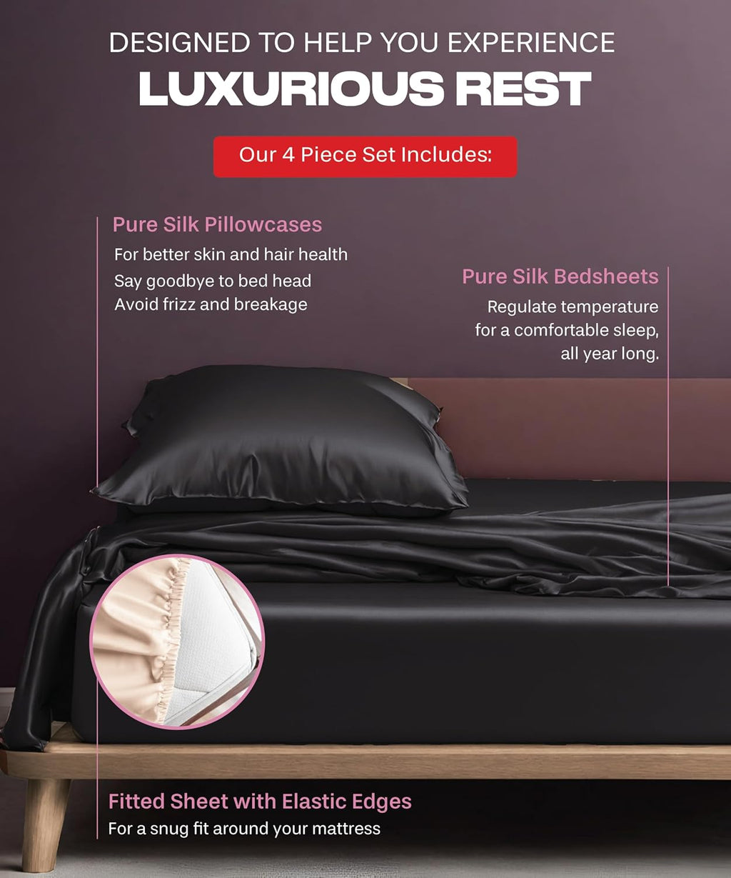 Colorado Home Co SUNDAYSILKS™ | 100% Mulberry Silk Bed Sheets | 4PC Natural Mulberry Silk Bedding Set | Soft & Durable | Grade 6A Organic Real Silk Sheets Set [Midnight Black]