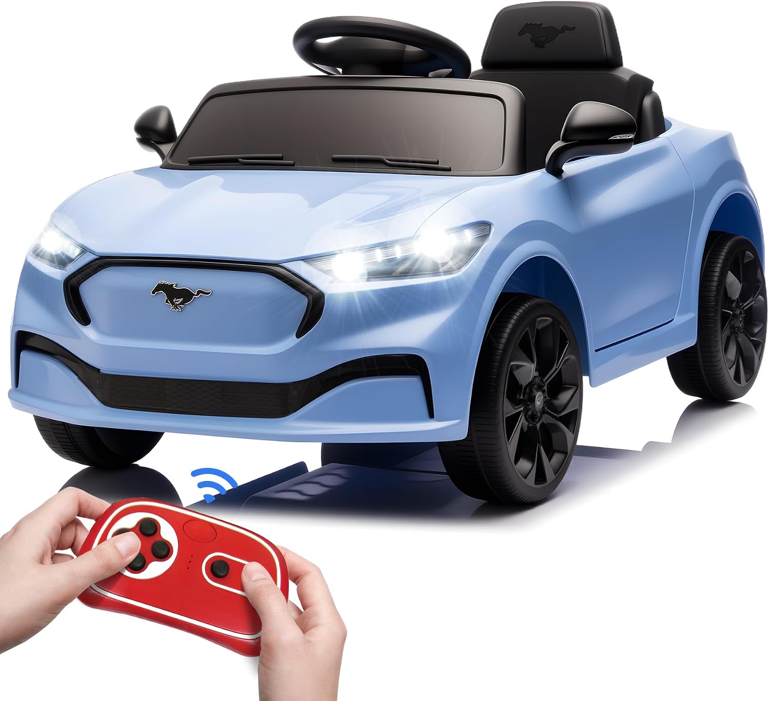 Bobike Electric Ride On Car for Kids, 12V Electric Toddler Car with Remote Control, Ride on Toys for Kids with LED Lights, Music Player, Lockable Doors (Blue)