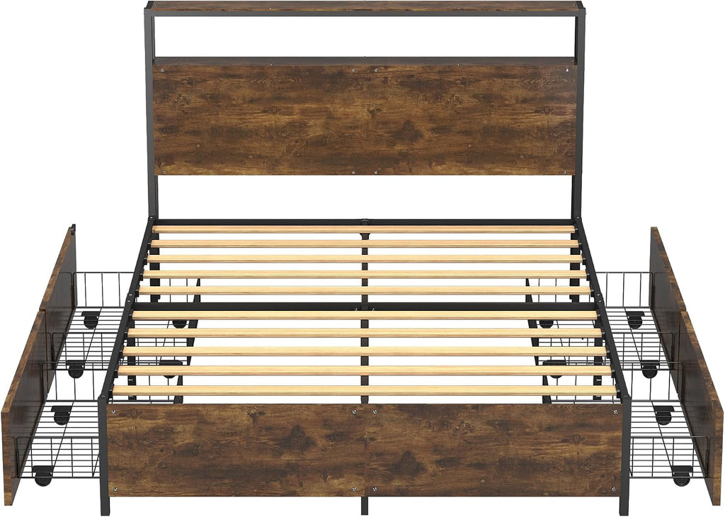 Panana Full/Queen Size Bed Frame with 4 Storage Drawers and Headboard, 2 Tier Shelves Headboard Storage, with Slats, Noise Free, No Box Spring Needed (Vintage Brown, Full)