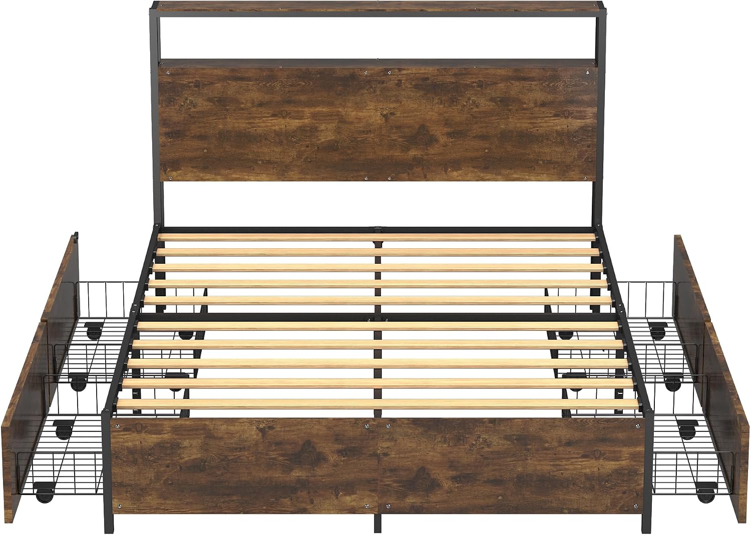 Panana Full/Queen Size Bed Frame with 4 Storage Drawers and Headboard, 2 Tier Shelves Headboard Storage, with Slats, Noise Free, No Box Spring Needed (Vintage Brown, Queen)