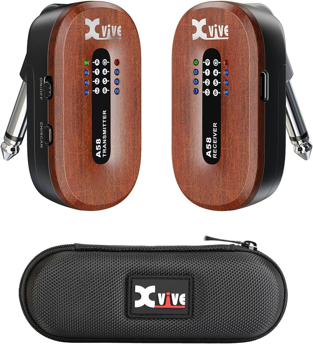 Xvive A58 Wireless Guitar System 5.8GHz Wireless Guitar Transmitter Receiver for Active or Passive Pickup Electric/Acoustic Bass Guitar, Mahogany