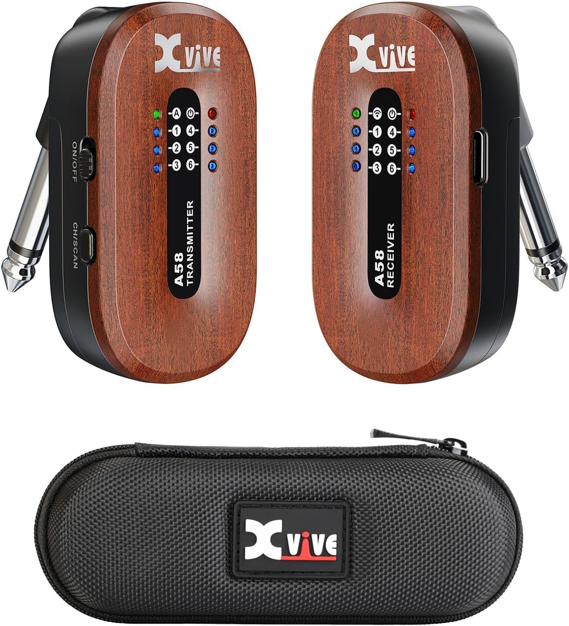 Xvive A58 Wireless Guitar System 5.8GHz Wireless Guitar Transmitter Receiver for Active or Passive Pickup Electric/Acoustic Bass Guitar, Mahogany