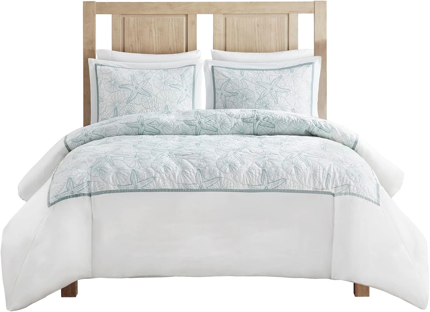 Harbor House 100% Cotton Duvet Cover, Embroidered Coastal Seashells, Starfish Duvet Cover Set – Light Weight Bed Comforter Covers, Maya Bay White Blue Full/Queen (90'x90') 3 Piece