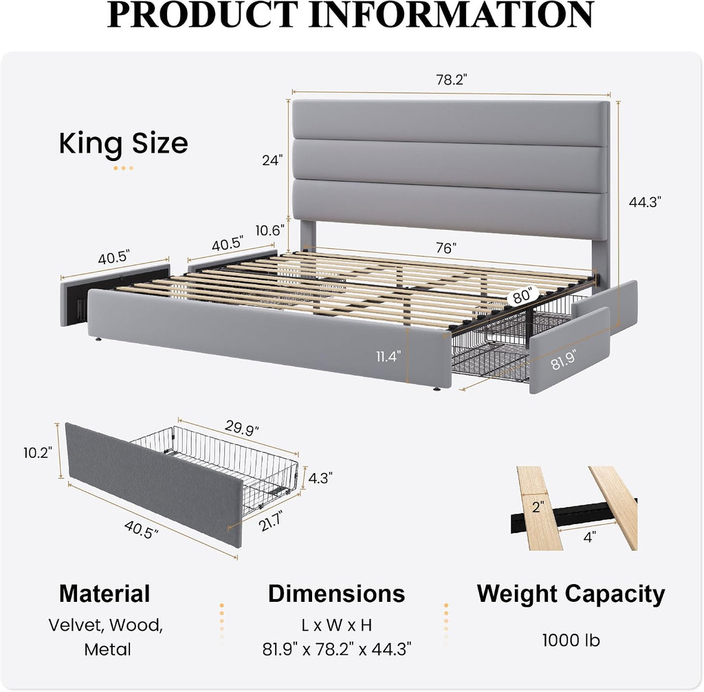 SHA CERLIN King Size Platform Bed Frame with 4 Storage Drawers, Velvet Upholstered Headboard, Mattress Foundation with Wooden Slats Support, No Box Spring Needed, Easy Assembly, Grey