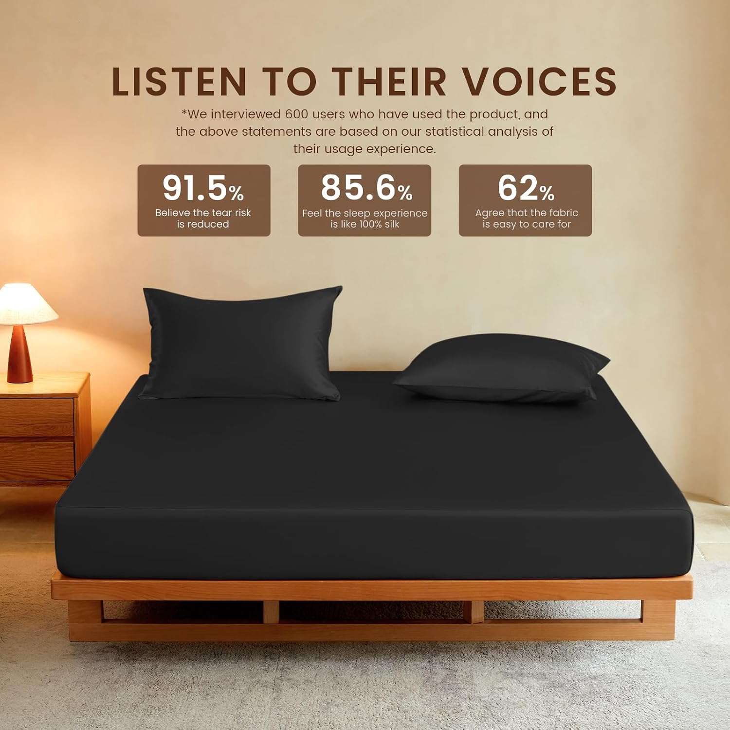 THXSILK Luxury Mulberry Silk Fitted Sheet Set 3 Pcs, King Silk Bed Sheet Set with 16' Deep Pockets, Soft & Cooling Sheets, 1 Fitted Sheet, 2 Pillowcases with Zipper Closure - Black