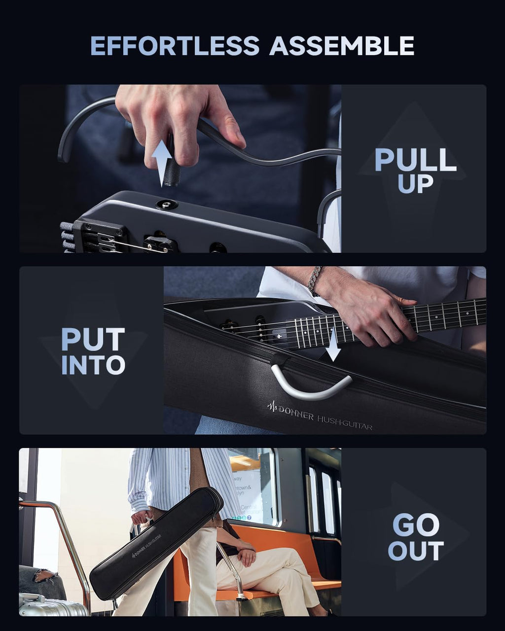 Donner HUSH X Electric Guitar Kit - Featherlight Travel Guitar with Easy Assemble Stands, Great for Travel and Practice, Mahogany Solid Body, Gig Bag, All Accessories, Black