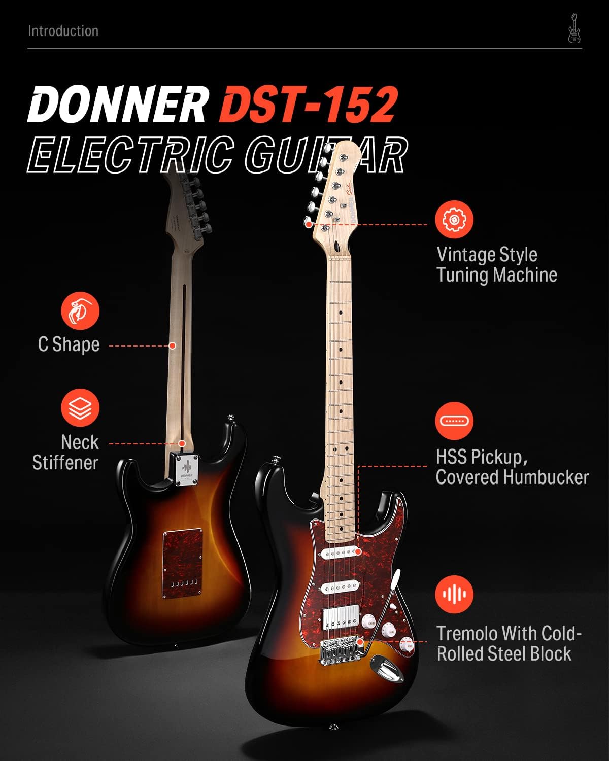 Donner Electric Guitar, DST-152S 39' Beginner Kit with HSS Pickup Coil Split, Solid Body, 10W Amp, Padded Bag, Accessories, Sunburst