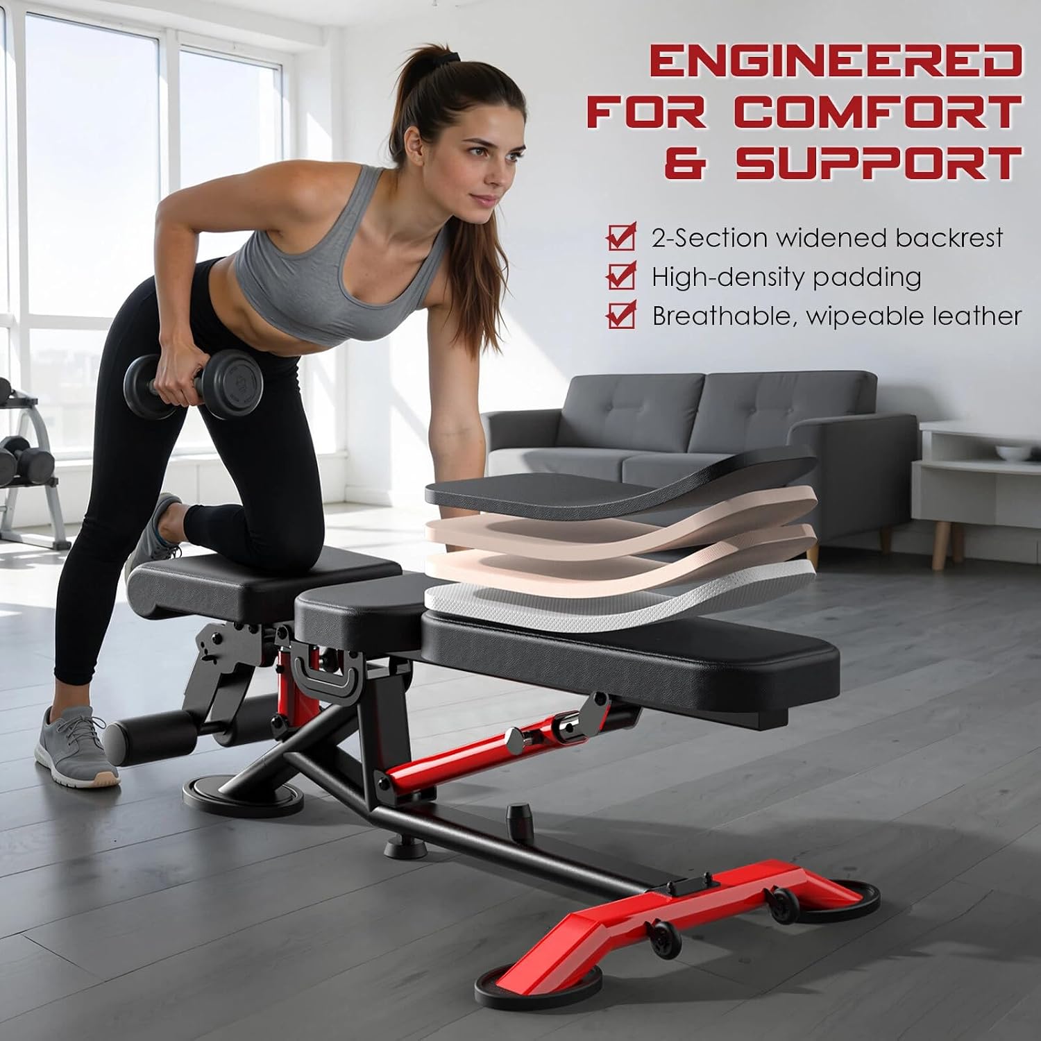 Commercial Adjustable Weight Bench, 1800LBS Heavy Duty Workout Bench for Home Gym Strength Training, Removable Leg Holder for Flat/Incline/Decline Sit Up & Full Body Workout