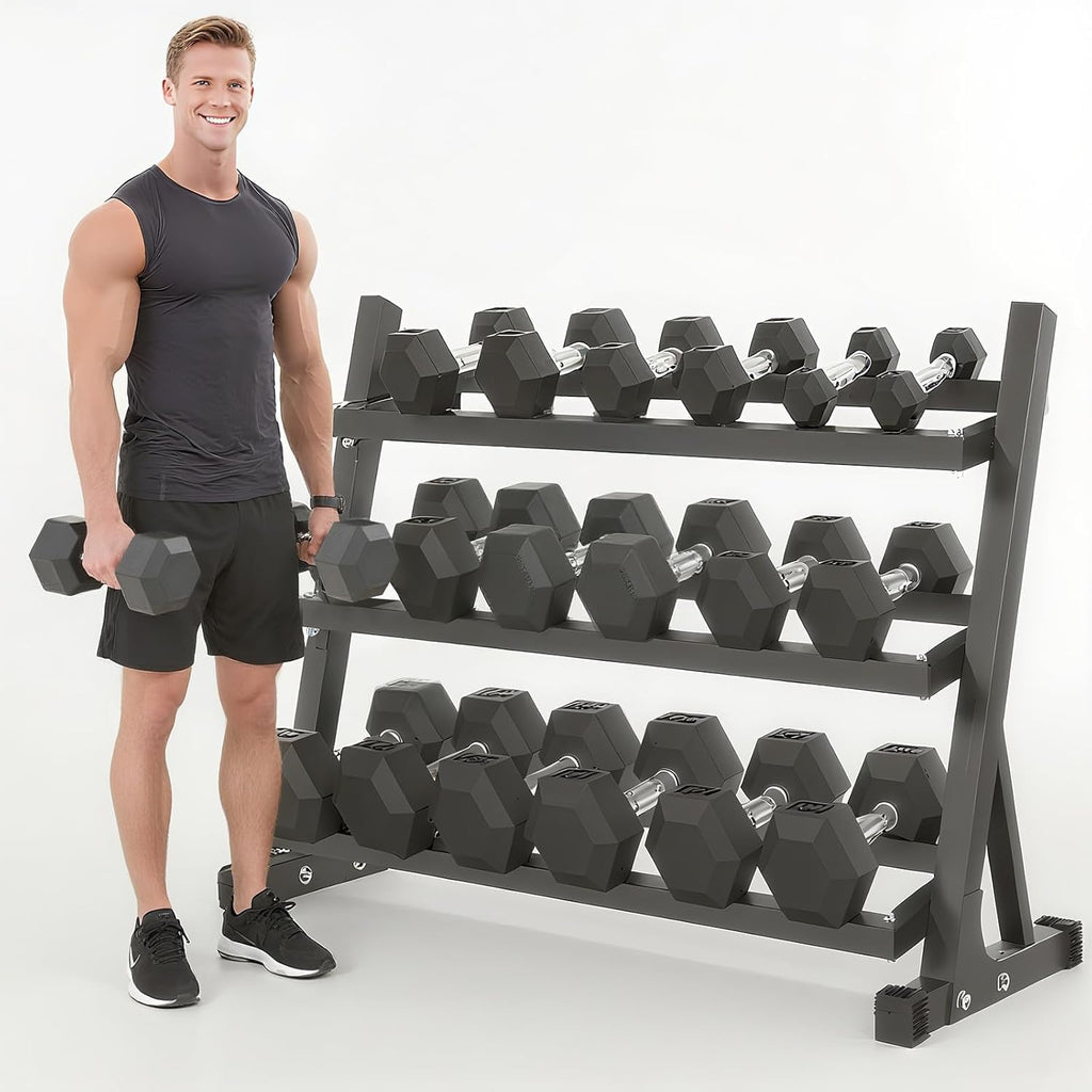 6-10 Pair Iron and Rubber Coated Dumbbell Set 350/450/550 lbs 5-50 lbs Hand Free Weight for Strength Hex Rubber Weights with Vertical Storage Rack Fitness Home Gym Equipment
