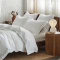 Simple&Opulence 100% Washed Linen Duvet Cover with Embroidered, 3 Pieces Soft Farmhouse Comforter Set with Button Closure,1 Duvet Cover and 2 Pillowshams(Queen, White)