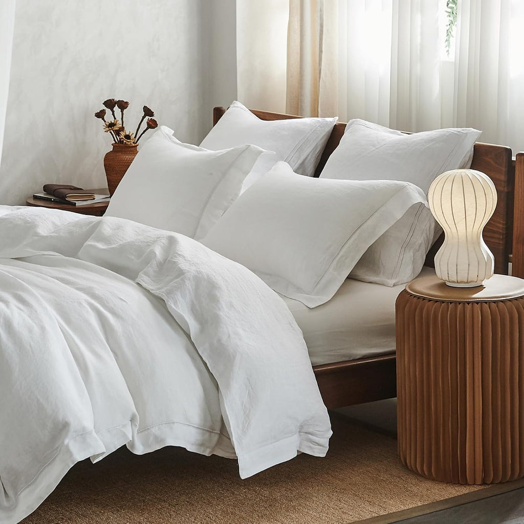 Simple&Opulence 100% Washed Linen Duvet Cover with Embroidered,3 Pieces Soft Farmhouse Comforter Set with Button Closure,1 Duvet Cover and 2 Pillowshams (California King,White)