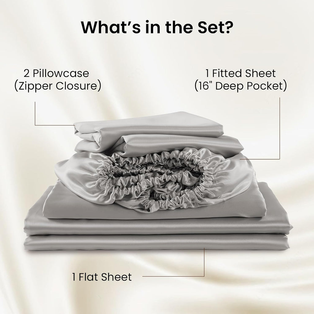 THXSILK Luxury Mulberry Silk Bed Sheets Set - 4pcs Silk Sheets Set 16' Deep Pocket - 1 Fitted Sheet, 1 Flat Sheet, 2 Pillowcases with Zipper Closure - Full, Grey