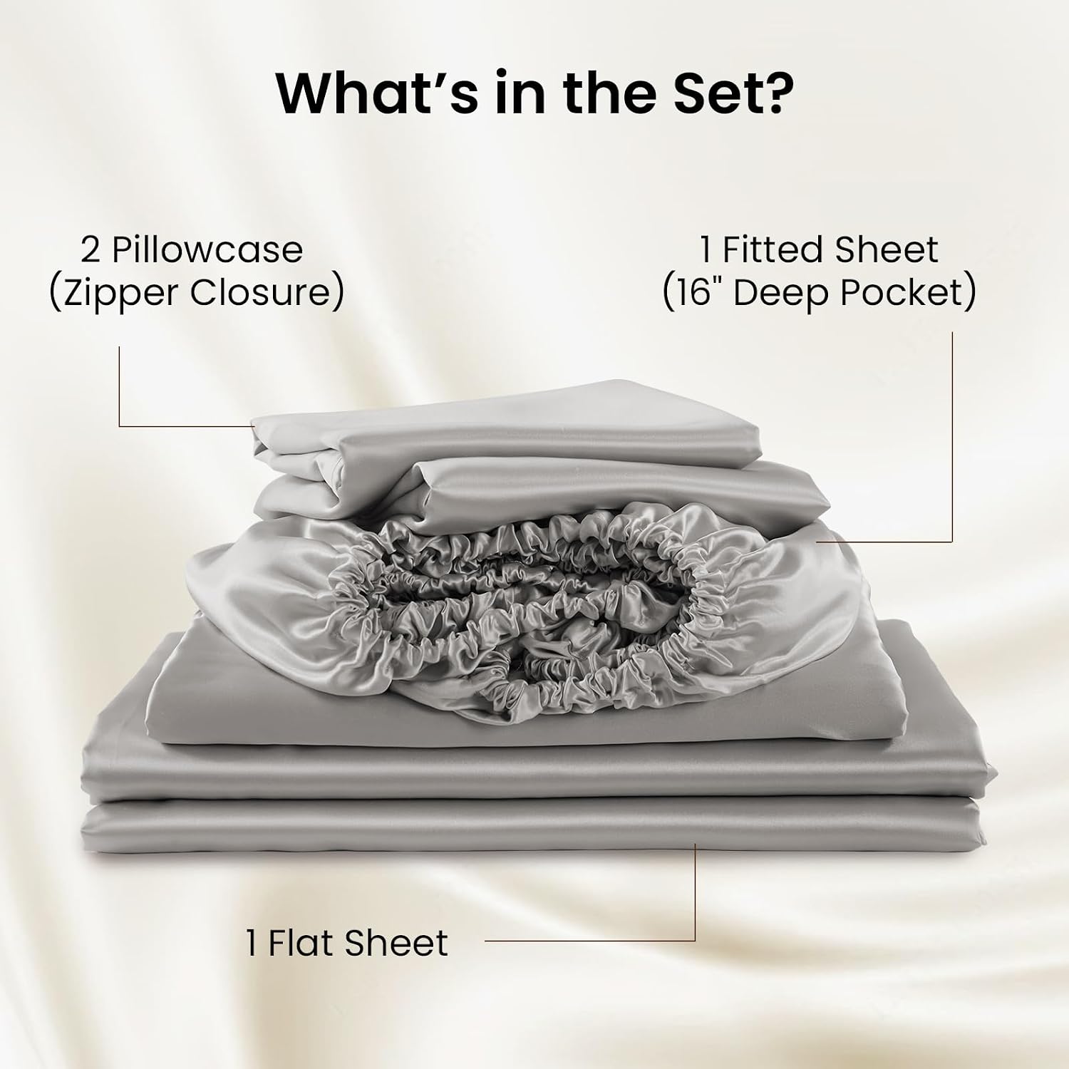 THXSILK Luxury Mulberry Silk Bed Sheets Set - 4pcs Silk Sheets Set 16' Deep Pocket - 1 Fitted Sheet, 1 Flat Sheet, 2 Pillowcases with Zipper Closure - Full, Grey