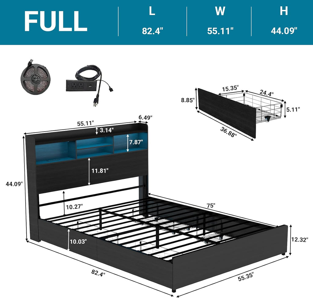 Kiivakii Full Size Bed Frame with 4 Storage Drawers, LED Headboard with Charging Station, Metal Bed Frames, No Box Spring Needed, Noise Free, Stable and Solid, Black