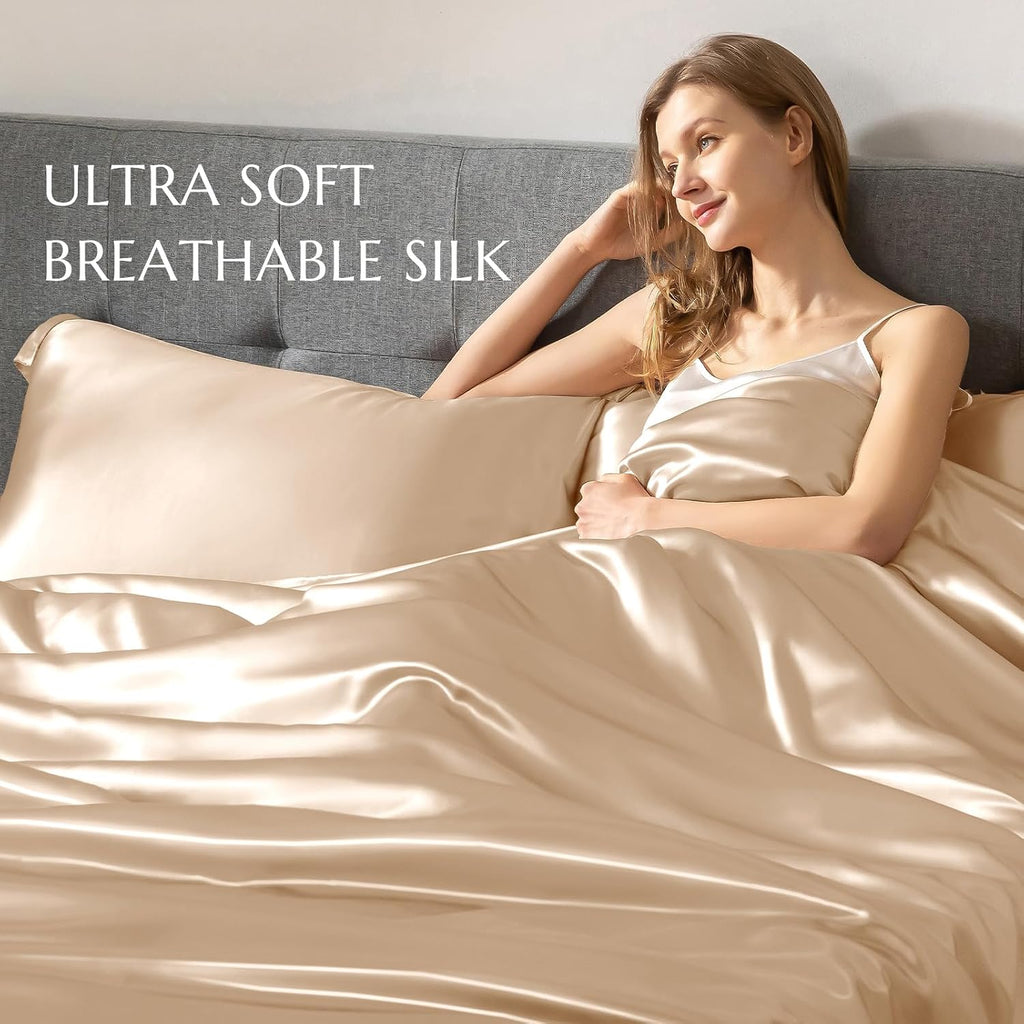 THXSILK Silk Duvet Cover, 100% 7A+ Mulberry Silk Comforter Cover, Seamless, Breathable, Easy Care Zipper Closure, 1 Duvet Cover Only - Queen, Champagne
