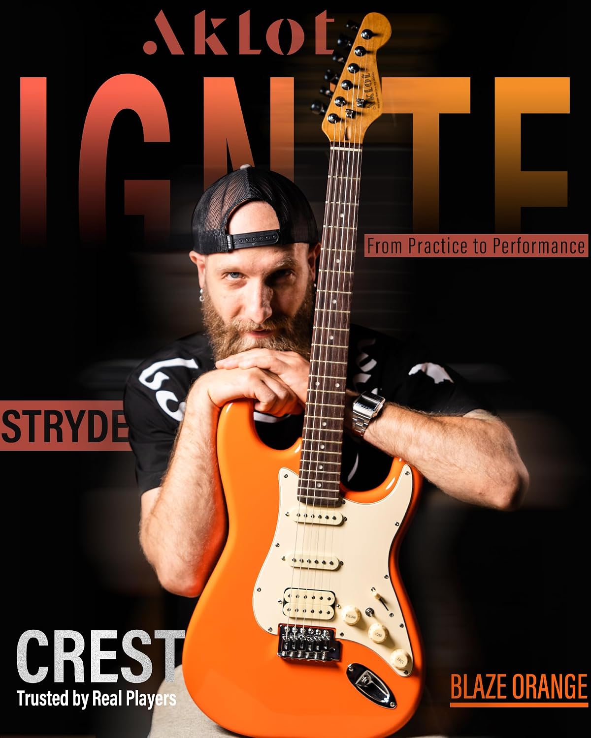 AKLOT Beginner Electric Guitar Kit: 10W Amp, Coil-Split HSS Pickups, Lesson Book, Roasted Maple Neck, Gig Bag, Tuner, Strap, Picks, Stryde Blaze Orange