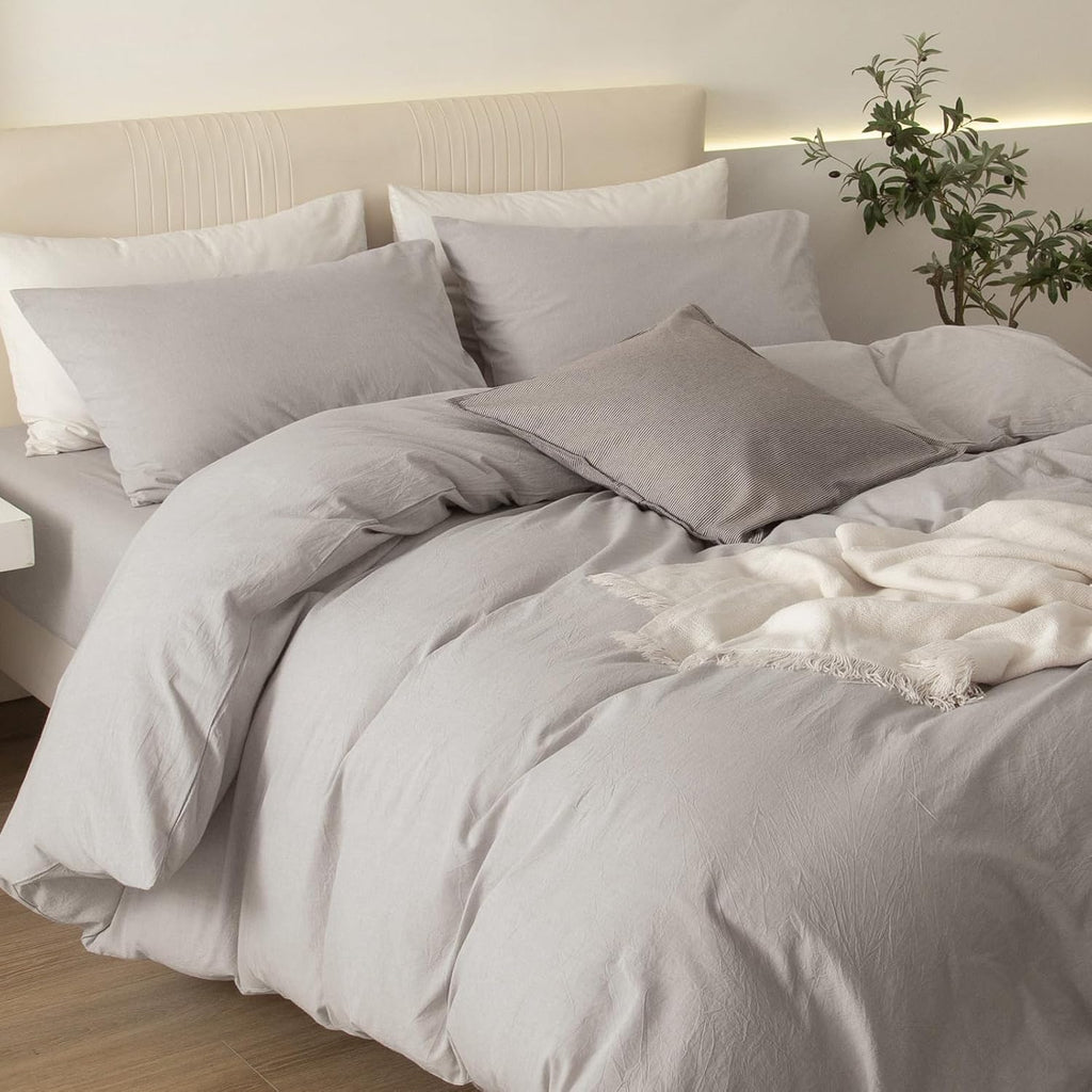 JIYUAN Super King Plus Duvet Cover Set, 3-Piece - 100% Washed Cotton, Linen-Like Soft & Breathable with Zipper Closure, Includes 120x120 Inch Cover & 2 Pillowcases, Heathered Cream Grey