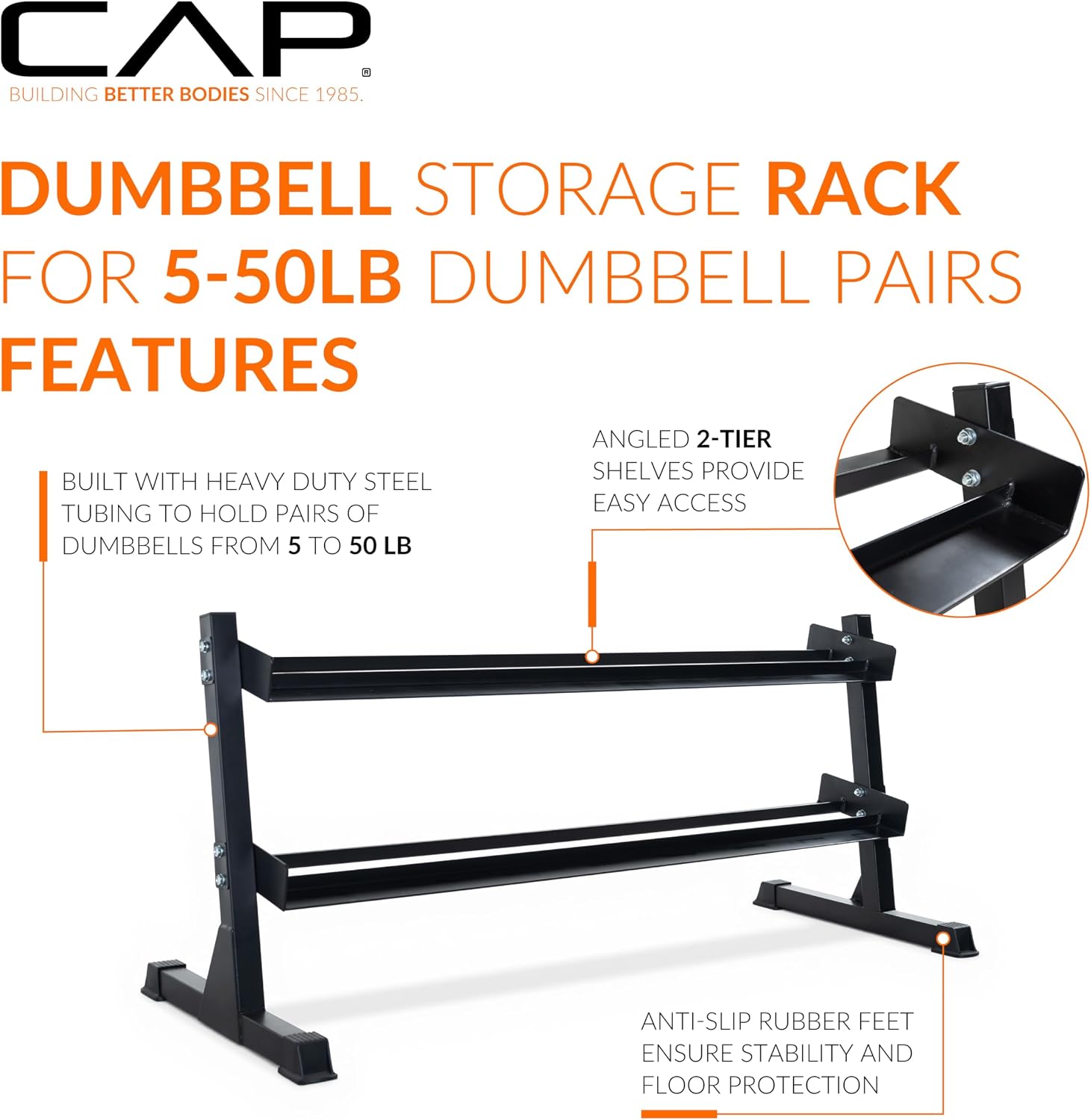 CAP 280 LB, 550 LB, 1200 LB Dumbbell Set with Horizontal 2-3 Tier Rack, Rubber Hex Free Weights, Home Gym Weight Set for Strength Training