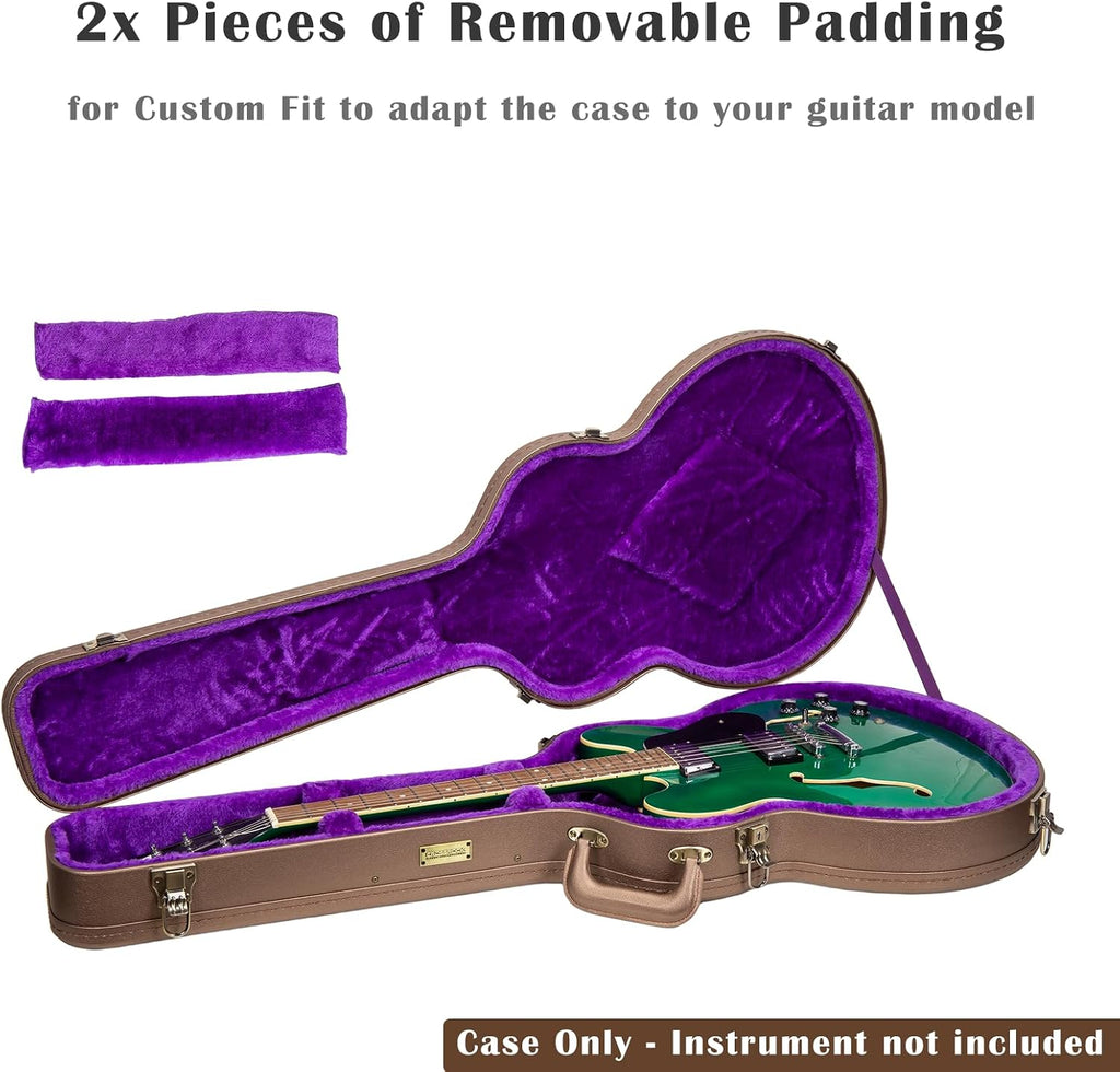 Crossrock Wooden Electric Guitar Case for 335 Style Semi-Hollow | Chocolate Brown Faux Leather, Purple Velvet Interior, Lock – Designer Series(CRW520SACB)