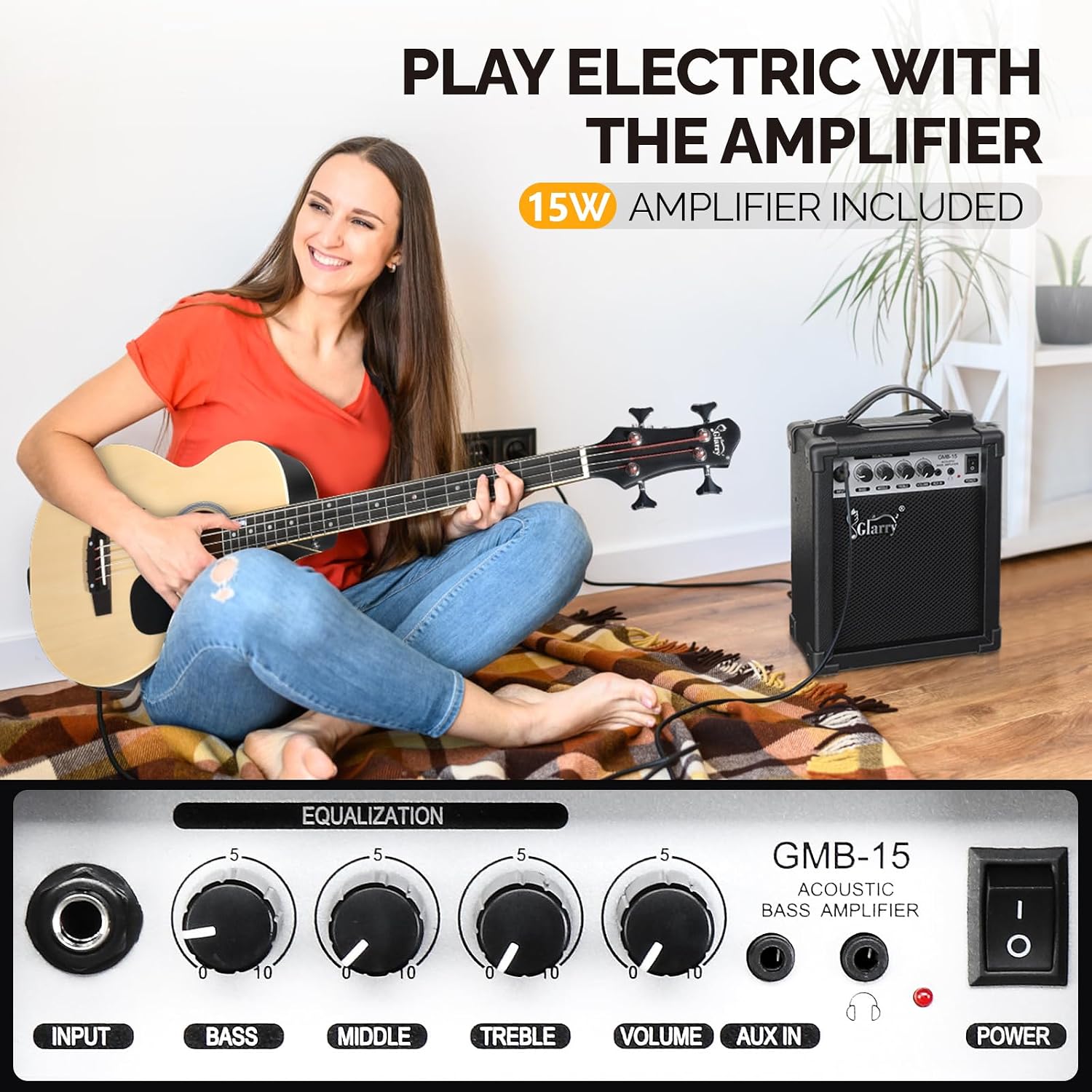GLARRY Full Size Acoustic Electric Bass Guitar Beginner Kit w/ 15W Amp, Cutaway 4 Strings Electric Acoustic Bass Guitar w/Inbuilt Tuner, Bag, Strap, Picks, Strings, Bass Guitarra，Matte Natural