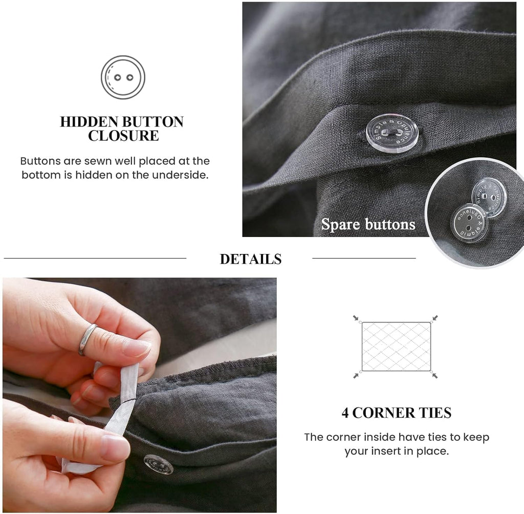 Simple&Opulence 100% Linen Duvet Cover Set, 3 PCS Natural French Flax Dark Grey Ruffle Duvet Cover King Size, Breathable Comfy Linen Bedding Comforter Cover with 2 Pillowcases (Dark Grey, 104' X 92')